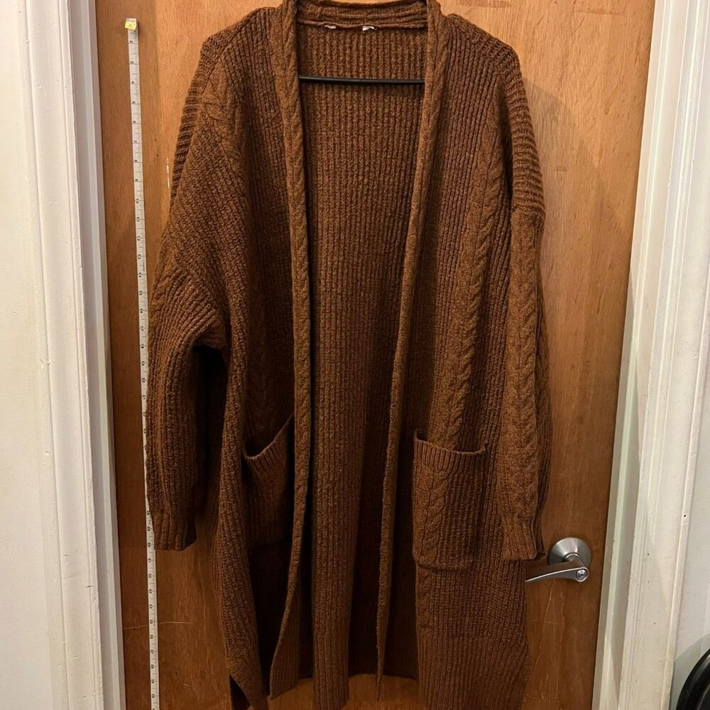Size 3X(24/26W) - Brown Cozy Long Sleeve Cable Knit Sweater Wrap